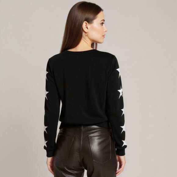 Aqua Cashmere Black & White Star Sleeve 100% Cashmere Sweater Size Medium - Picture 2 of 13